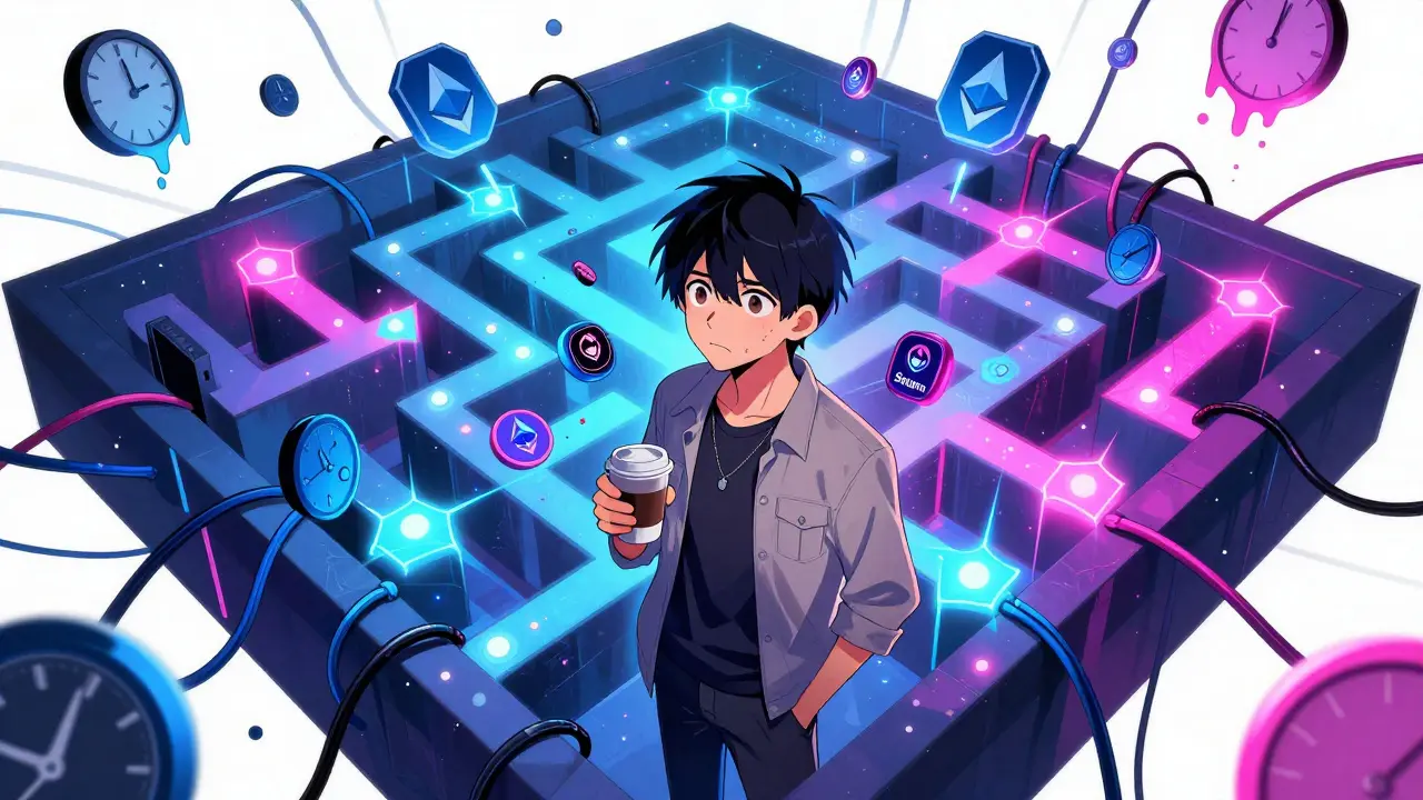 Confused character navigating a chaotic blockchain maze