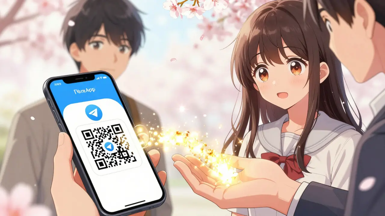 Customer paying via QR code with golden light particles in anime style