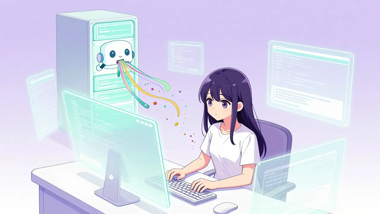 Cute anime girl sending data ribbons to a friendly server robot in shoujo style