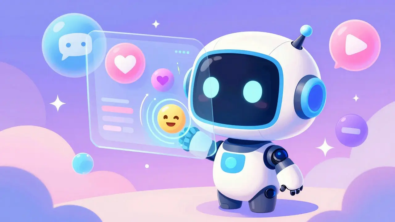 Cute anime robot analyzing social media sentiment with colorful icons