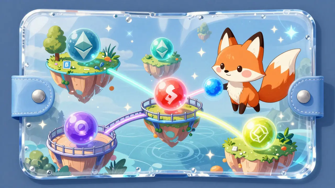 Cute mascot bridging crypto assets across chains in a magical wallet interface.