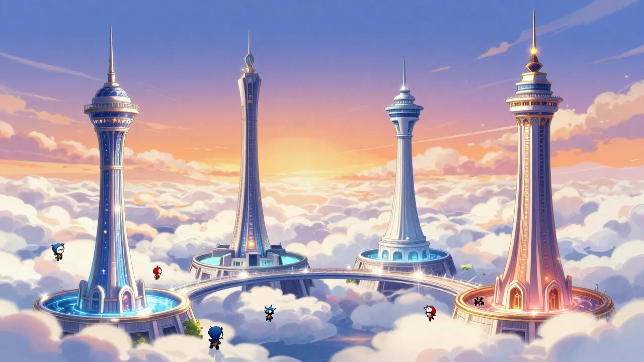 Elegant towers connected by light bridges representing major crypto mining pools