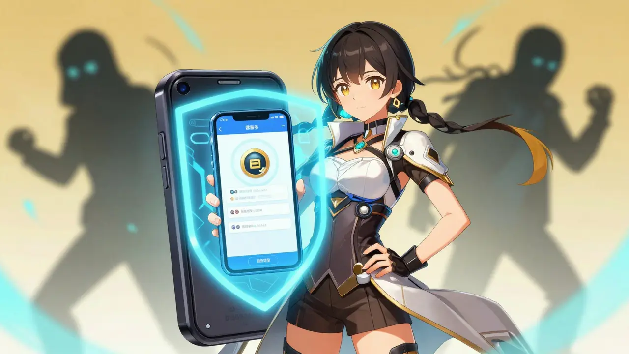 Empowered anime girl protecting wallet with hardware security shield