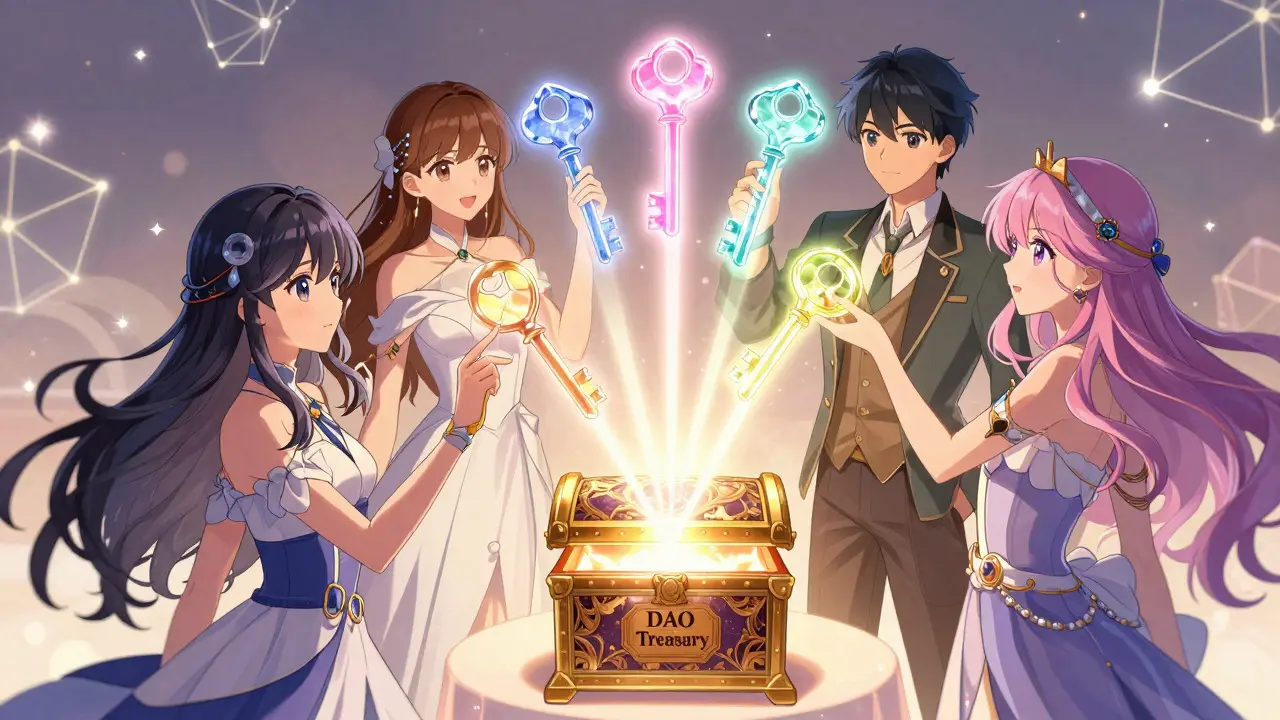 Five characters combining glowing keys to unlock a DAO treasury in anime art.