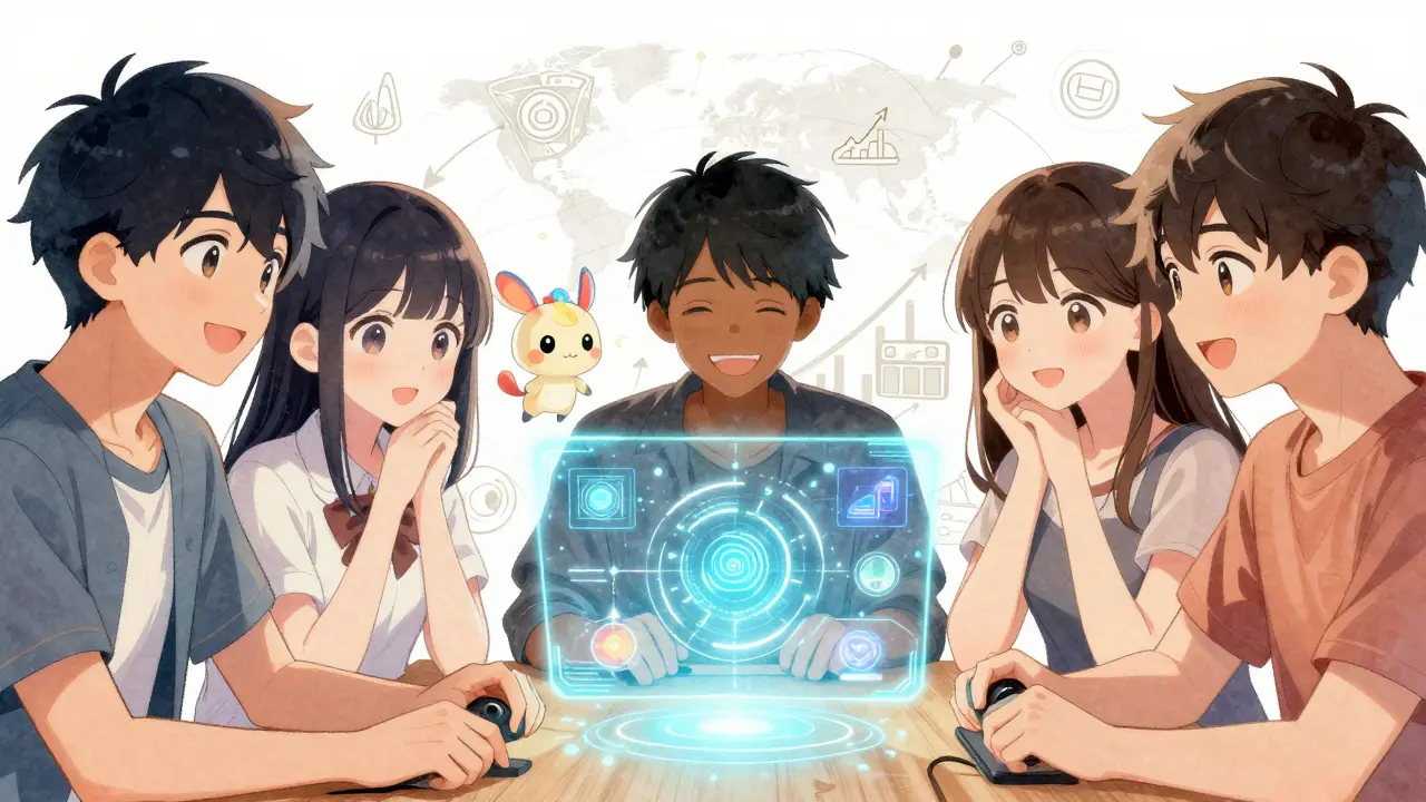 Happy gamers viewing holographic AI assets in anime style
