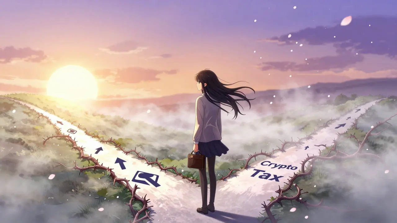 Lonely anime character at a crossroads choosing between traditional stocks and taxed crypto.