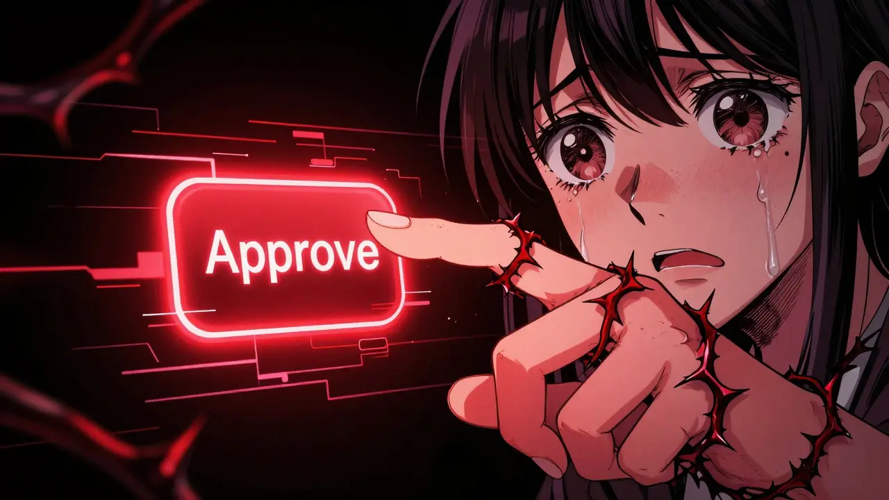 Manga art of hand about to click dangerous approve button on screen