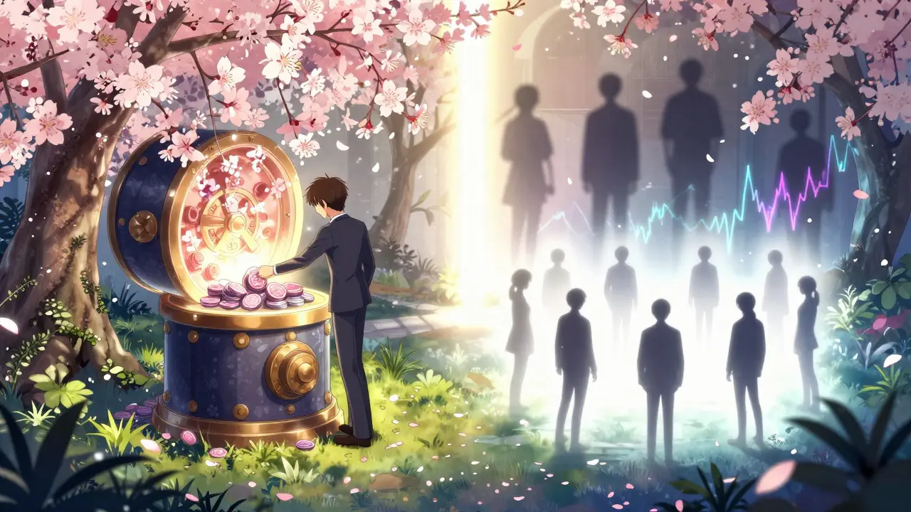 Manga art of staking tokens transforming into blooming cherry blossoms