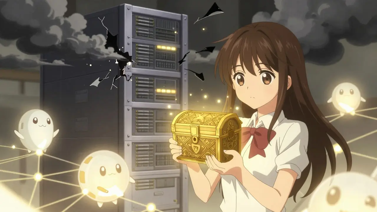 Manga character protecting data with crypto wallet against server breach.