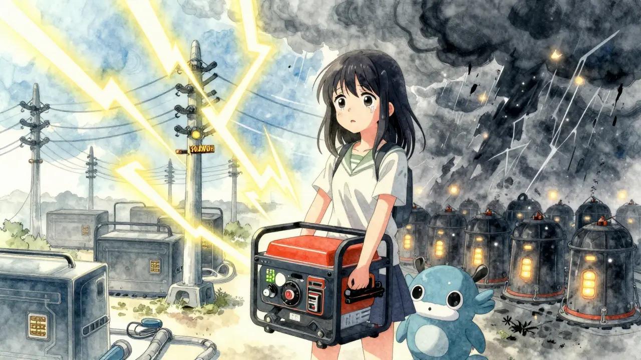 Manga character struggling with power outages and generators