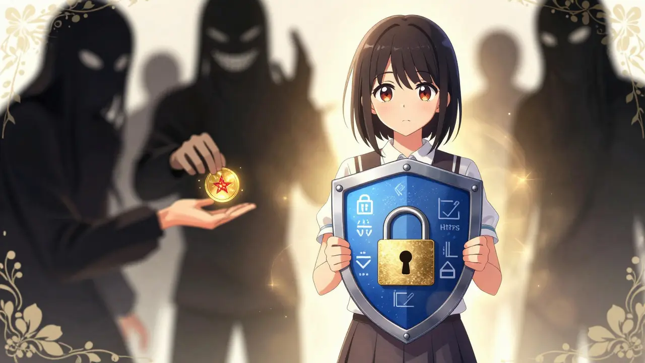 Manga character using a shield to protect against fake airdrop scams and phishing.