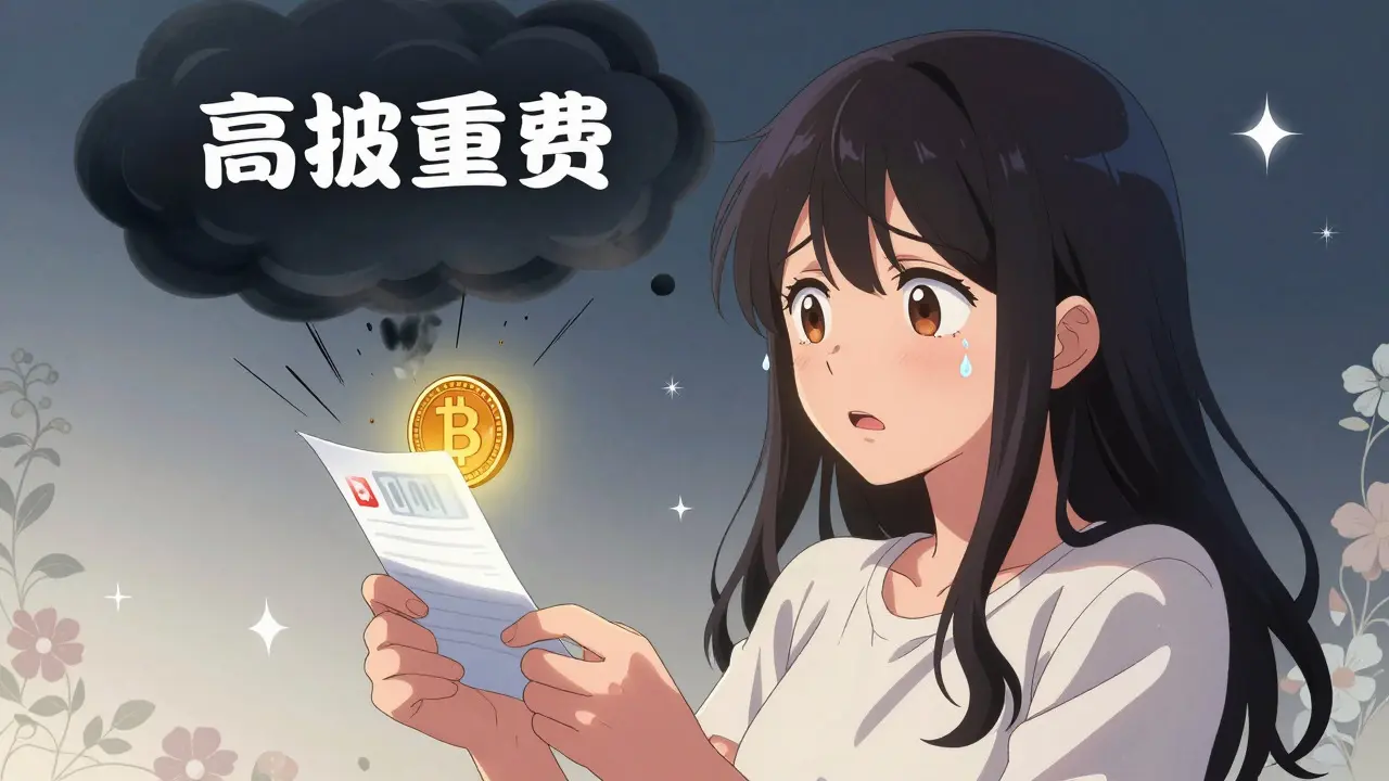 Manga girl shocked by high crypto withdrawal fees, dramatic shoujo illustration.