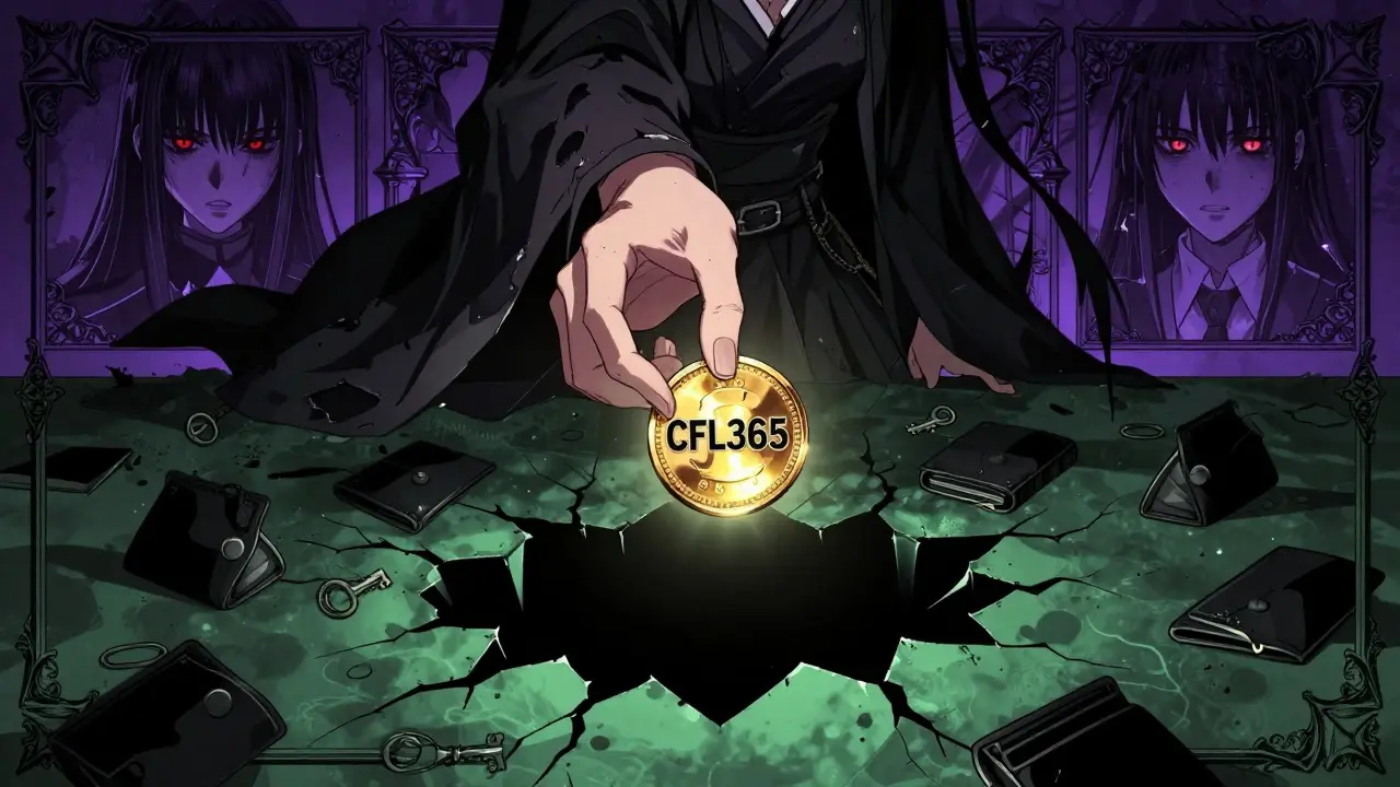 Manga illustration of a deceptive figure offering a fake CFL365 token over a dangerous abyss.