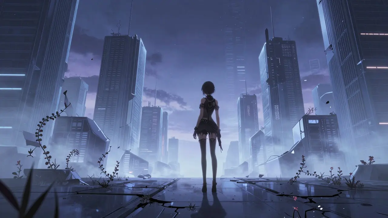 Manga style abandoned virtual cityscape with lonely figure