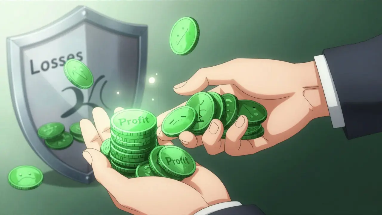 Manga style hands showing profit being taken away, with rejected loss offsets in background.