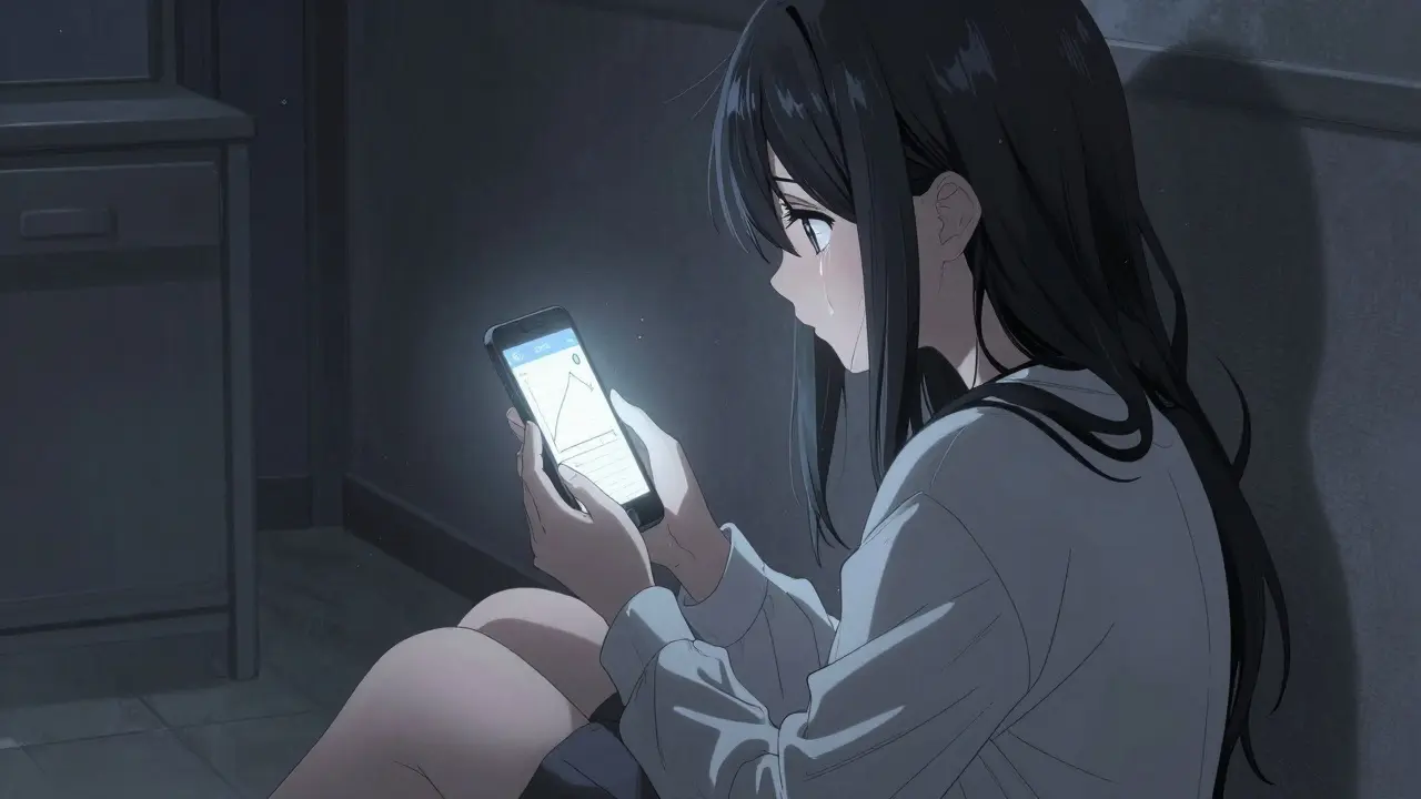 Sad anime girl looking at a phone showing zero value and a dead chart.