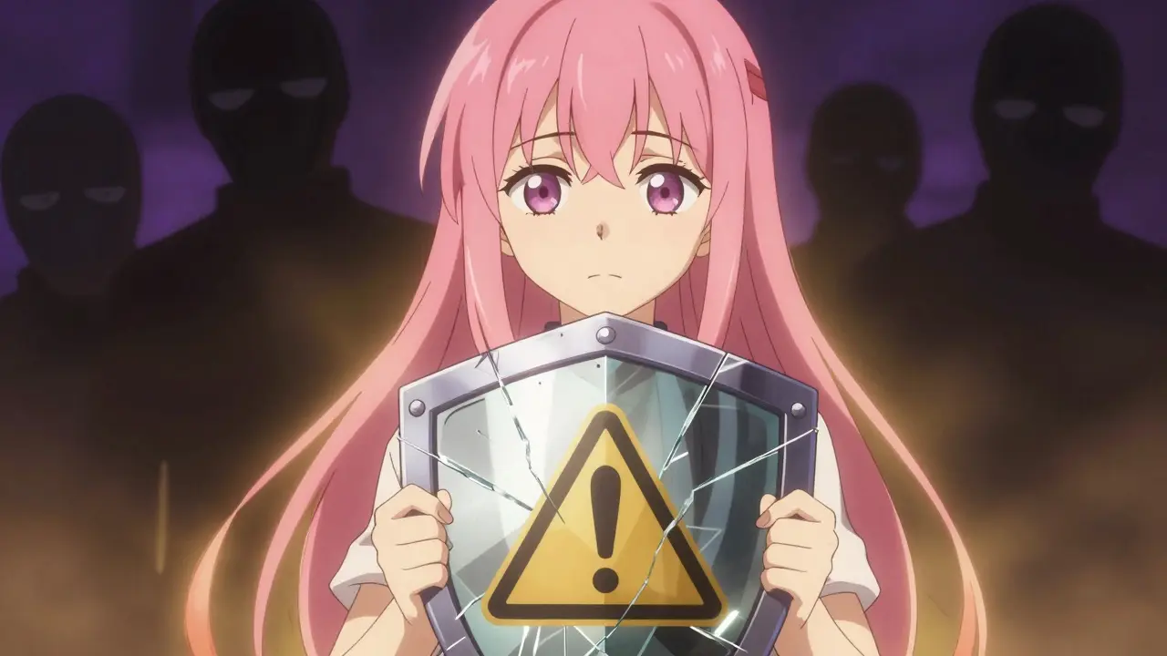 Shoujo character holding a shield against shadowy threats