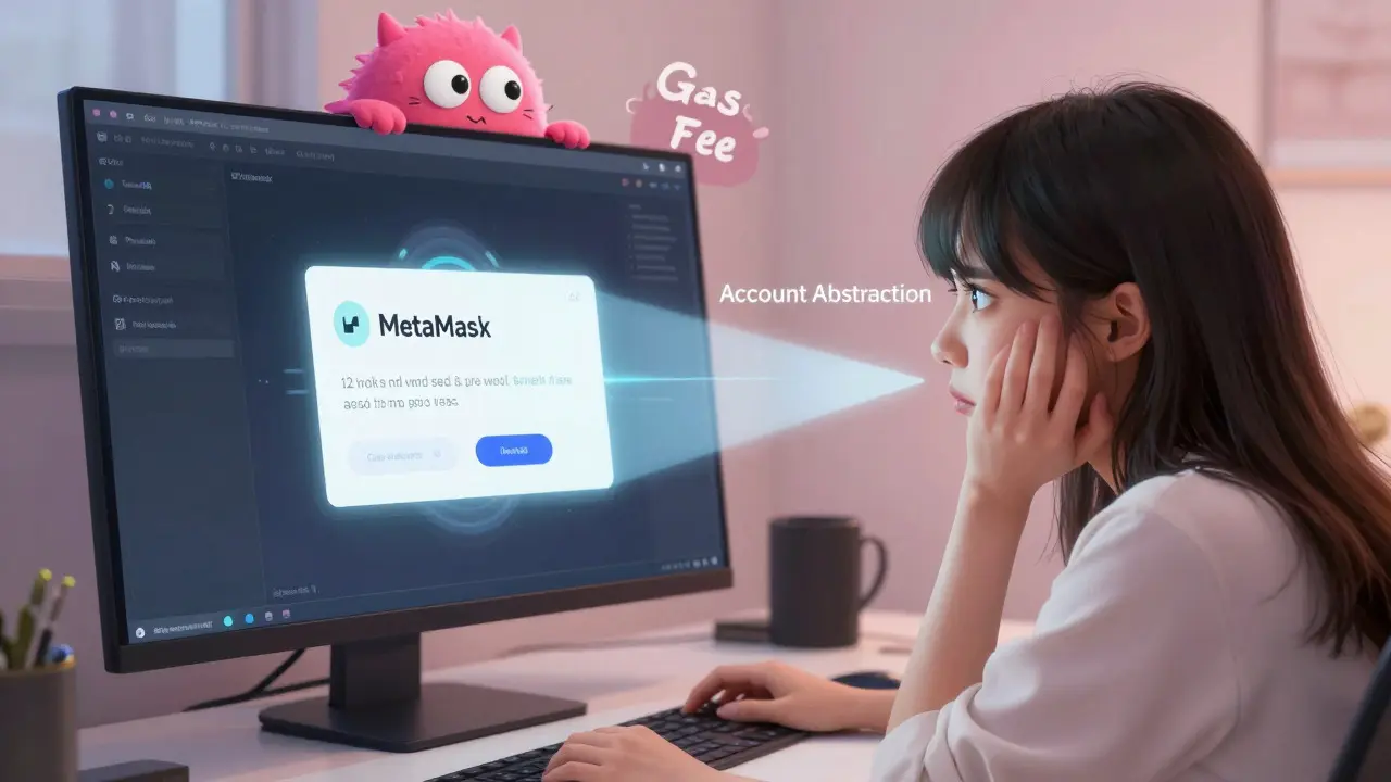 Shoujo girl struggling with complex dApp login and gas fees.