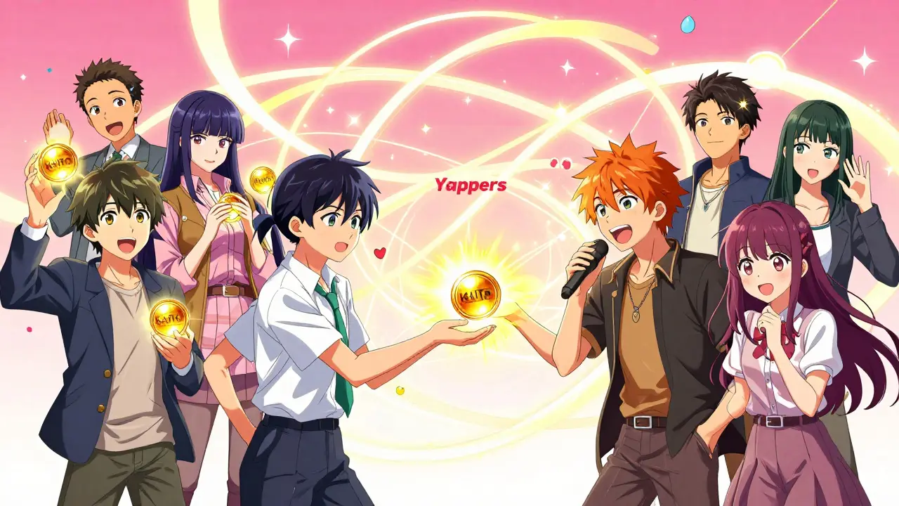 Shoujo manga characters exchanging glowing tokens in a vibrant InfoFi network scene