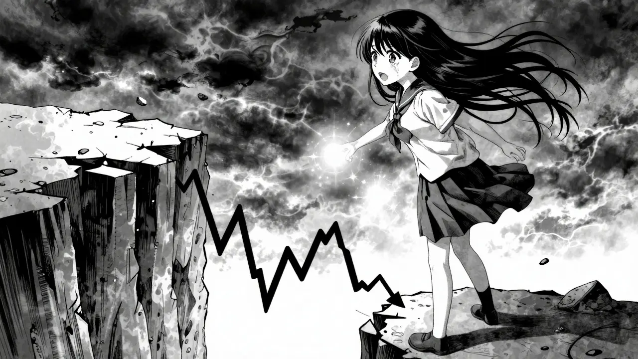 Shoujo manga girl looking shocked at a crashing financial cliff edge