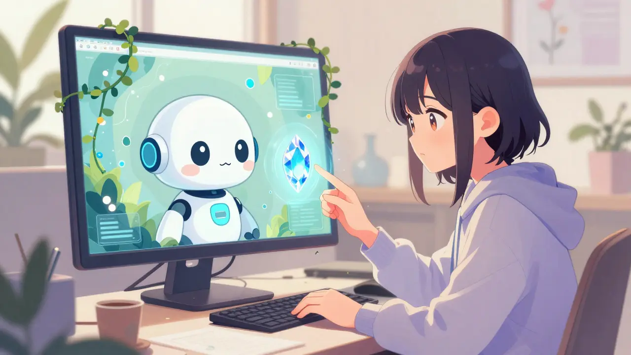 Shoujo style creator using AI to mint NFTs in a futuristic workspace.