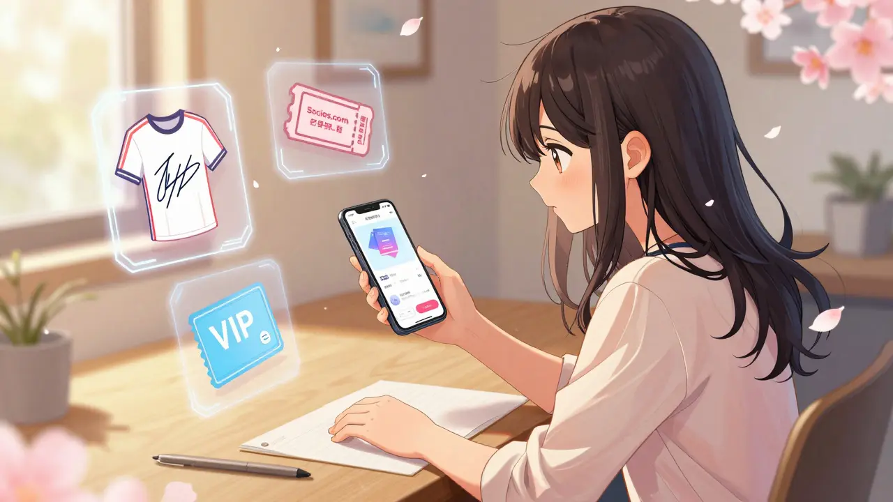 Shoujo style girl receiving floating reward icons from a phone app