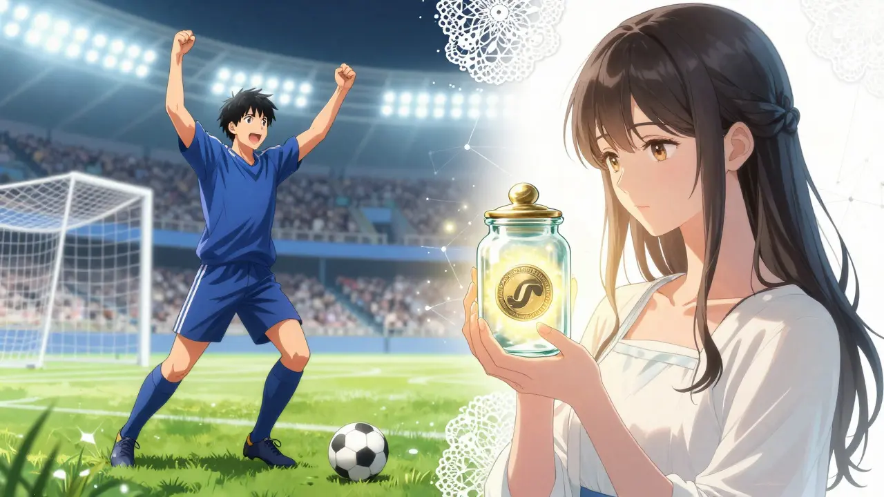 Split scene showing a footballer celebrating and a girl holding a token
