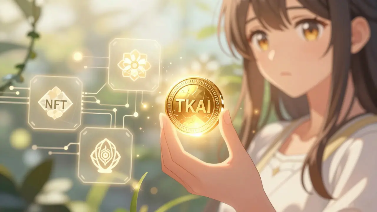 Stylized character holding a glowing crypto token amidst digital flowers