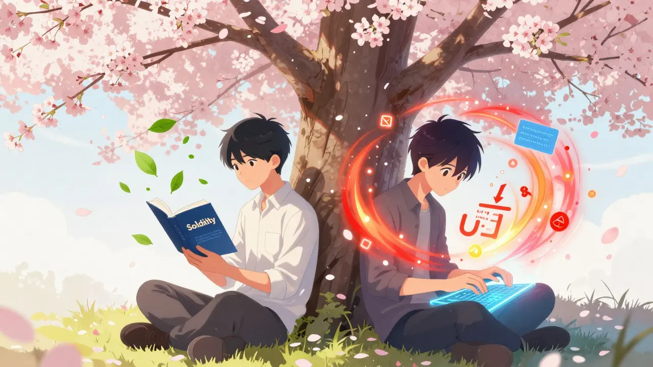 Two anime developers coding under a cherry blossom tree