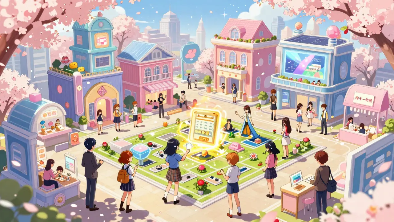 Whimsical shoujo manga scene of a vibrant virtual metaverse city