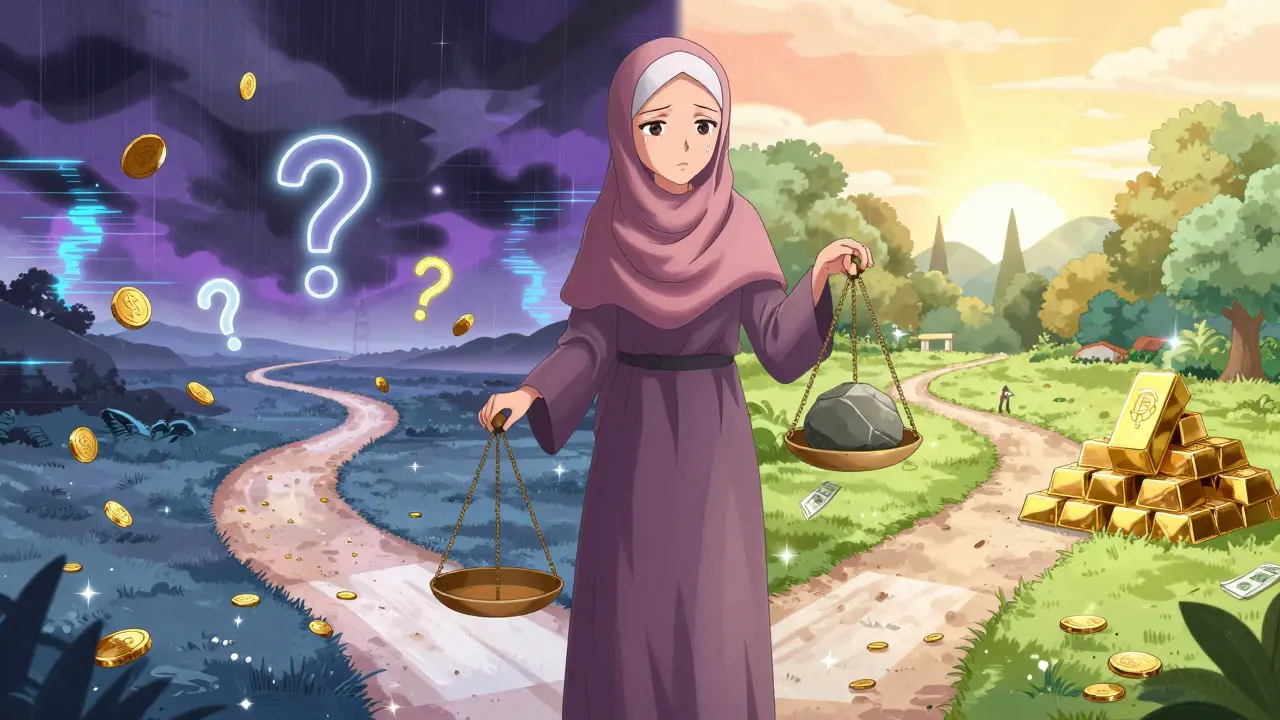 Woman choosing between stable gold and volatile crypto