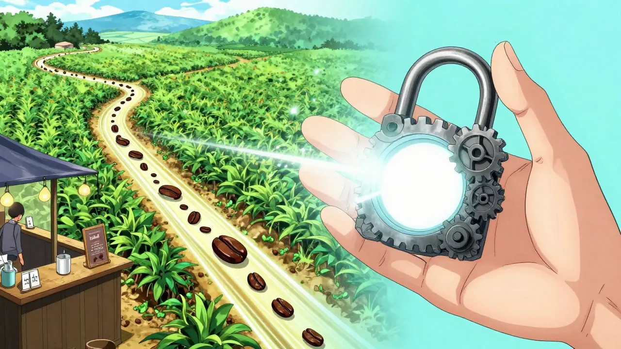 A split image showing a coffee supply chain and a gear-based lock in anime style