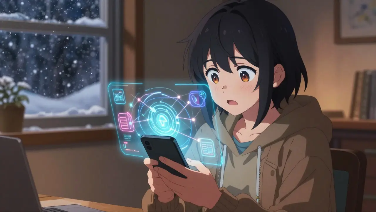 Anime character connecting a digital wallet amidst snowy weather and holographic links