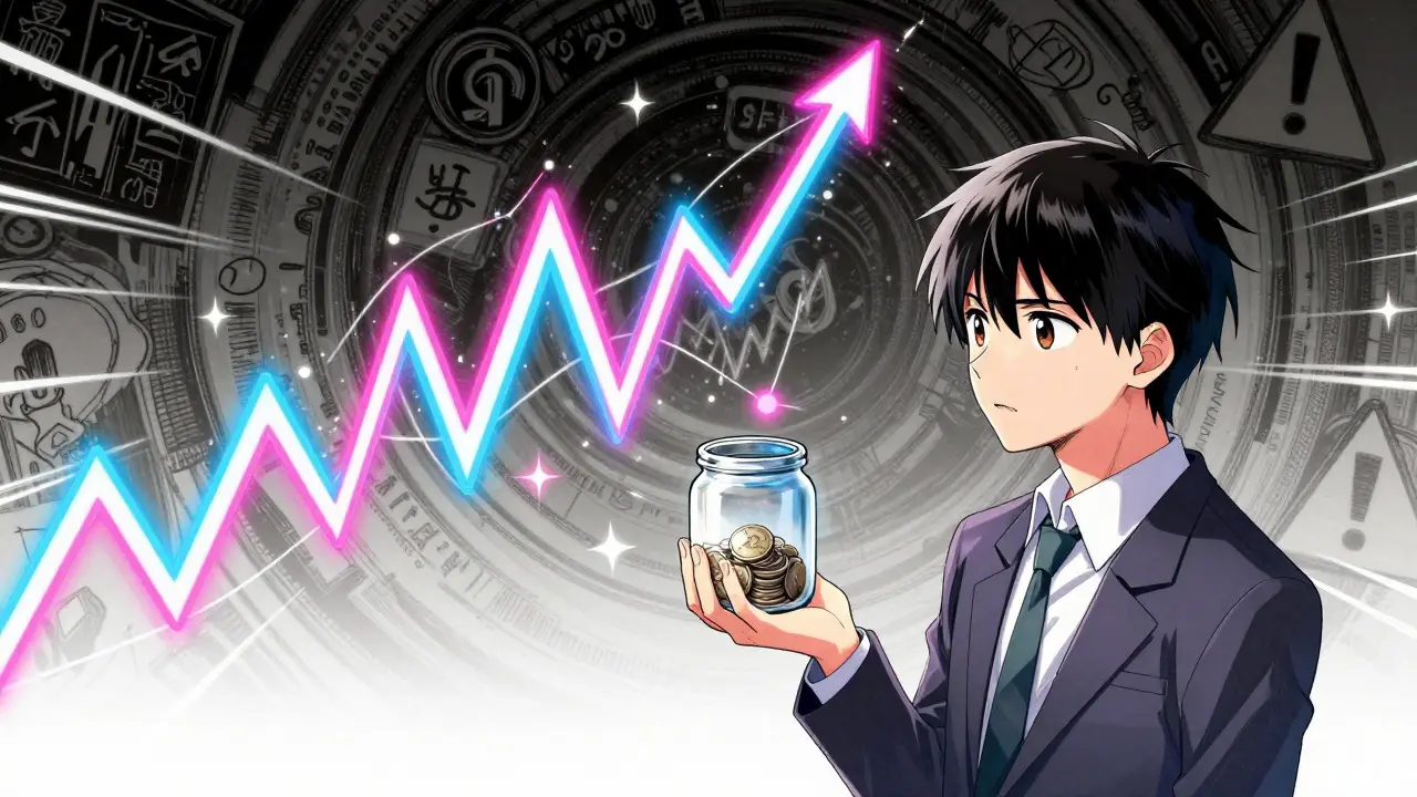 Anime character looking nervously at wild, colorful stock market charts in the air.