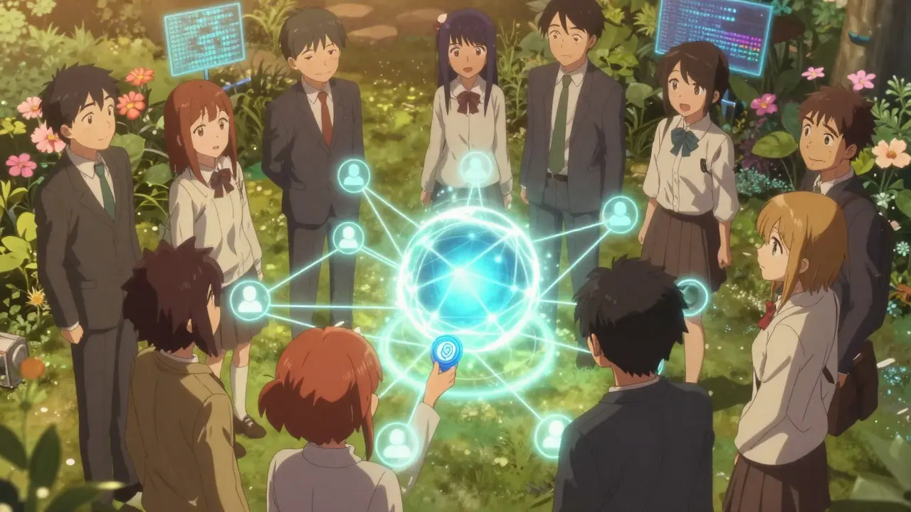 Anime characters connected by light threads around a blockchain node