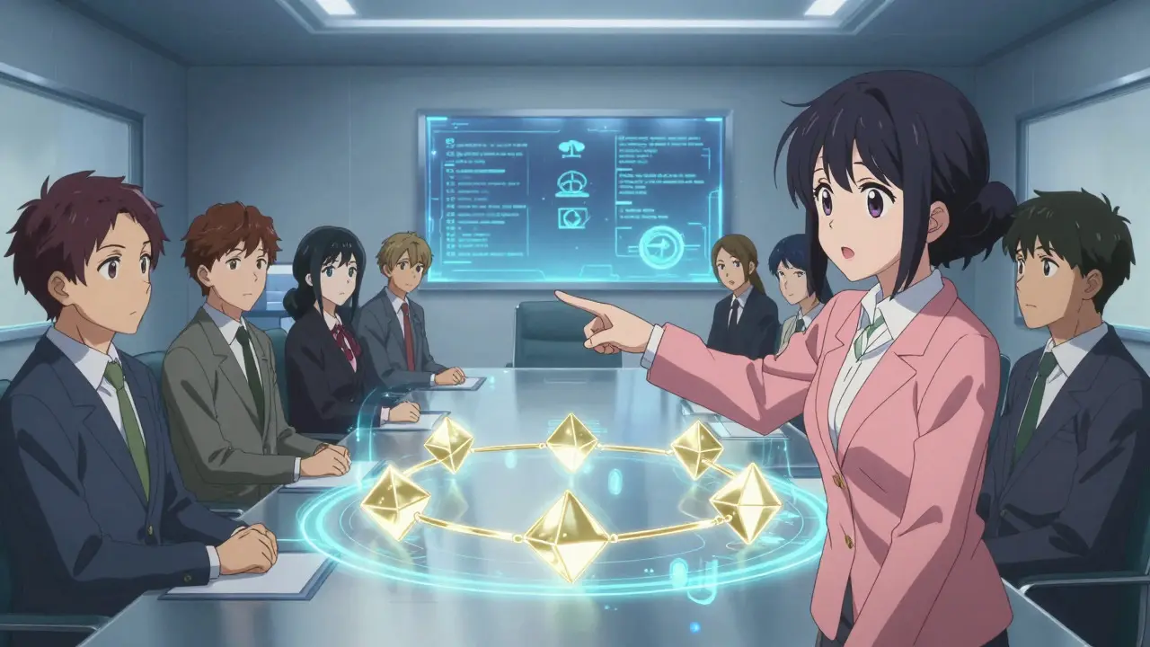 Anime characters examining a holographic blockchain chain in a futuristic boardroom