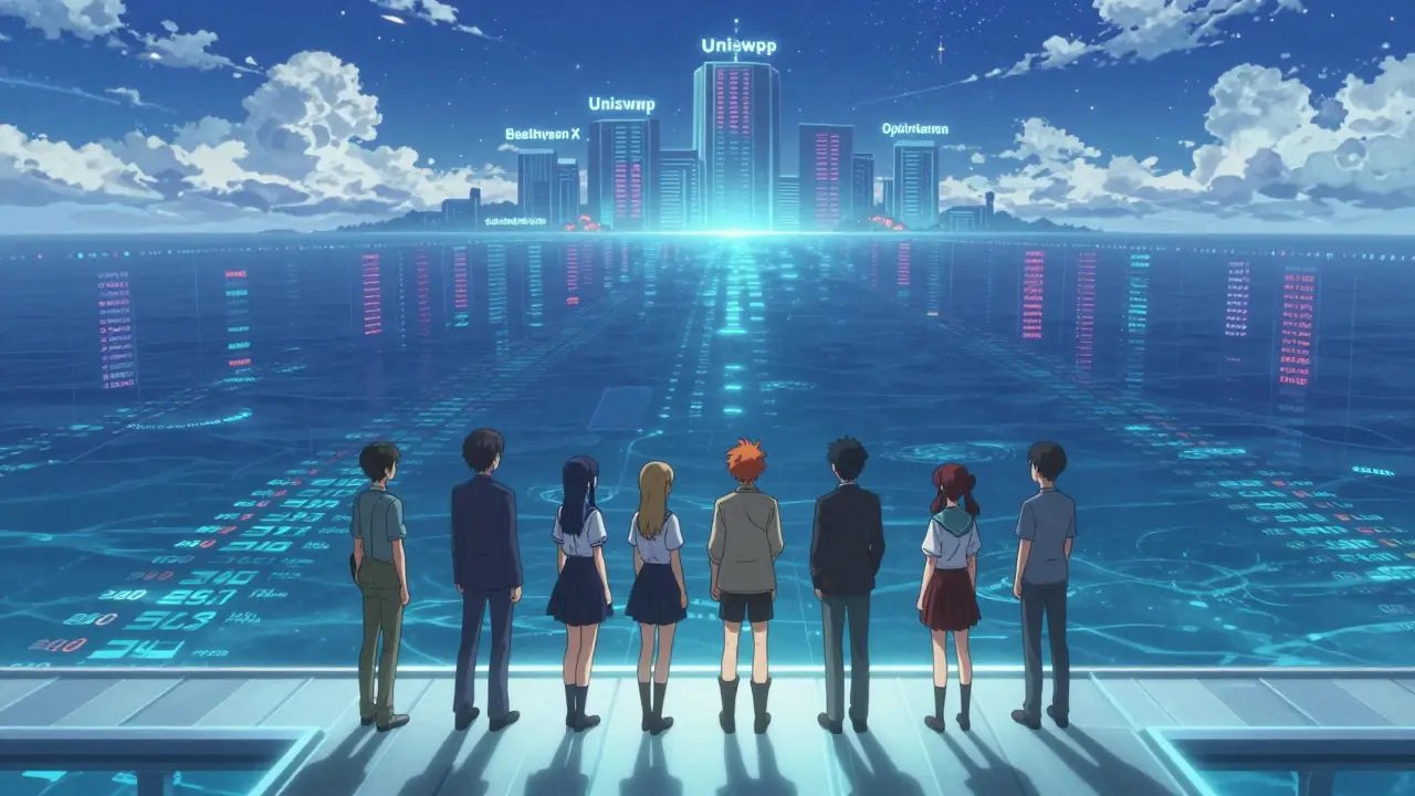 Anime characters on a digital bridge overlooking a calm trading ocean
