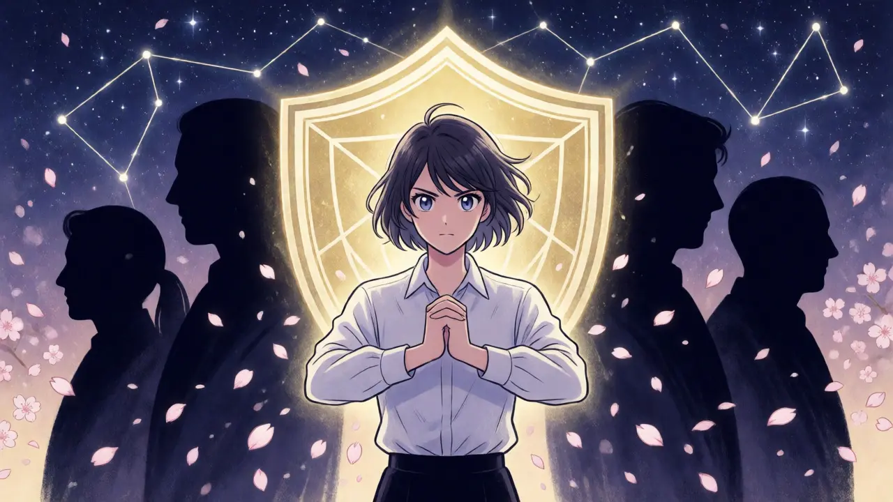 Anime figure standing before a shield with investor silhouettes and stars
