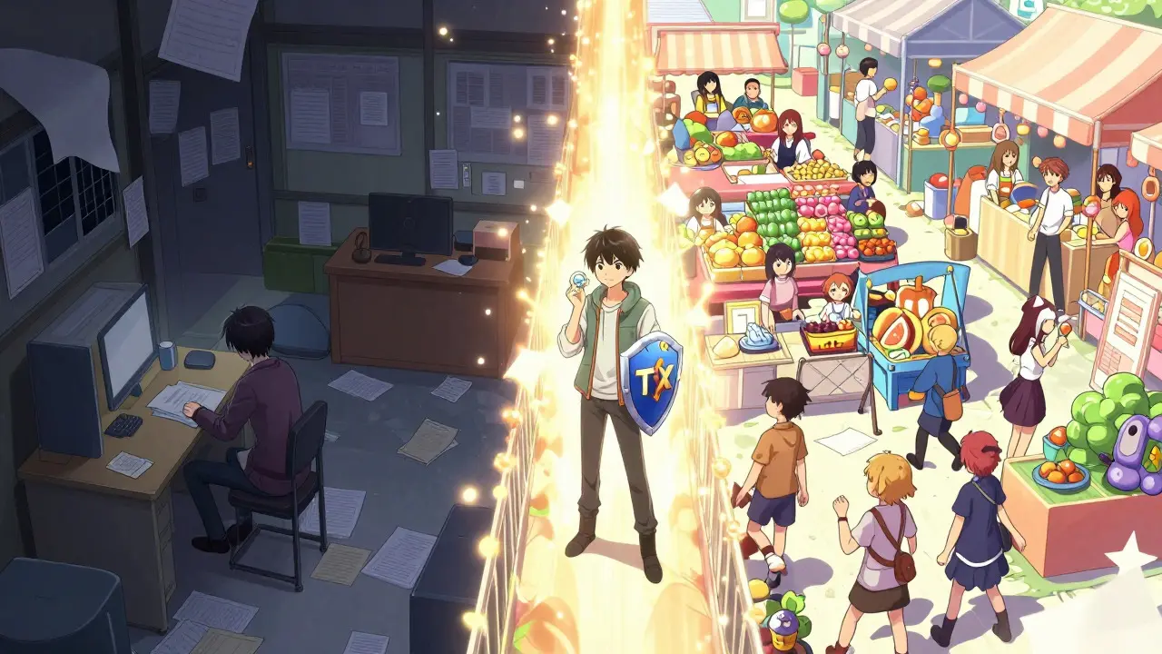 Anime girl choosing between a dark empty room and a bright busy market