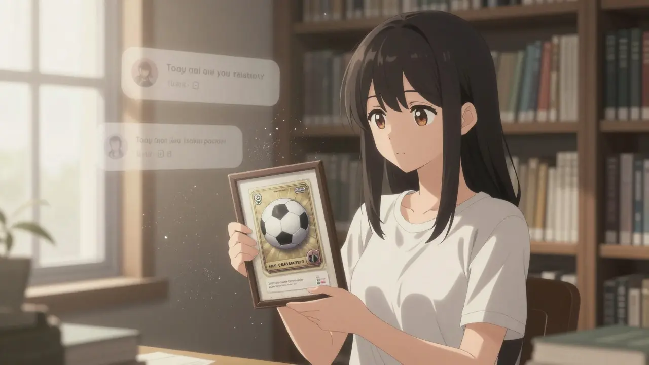 Anime girl holding a vintage football NFT card in a sunlit, nostalgic room