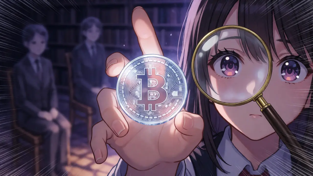 Anime style cracked crypto coin held by hand with shadowy regulatory figures in background