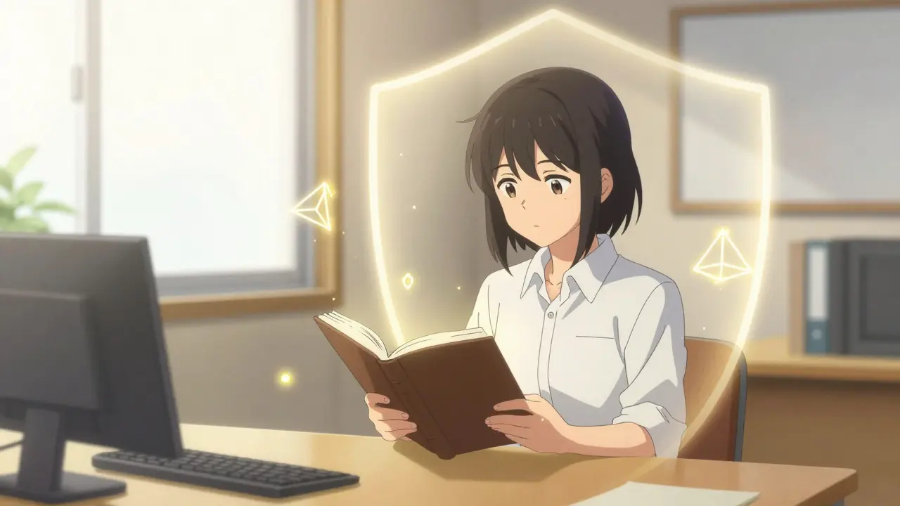 Calm anime character studying with a protective light shield