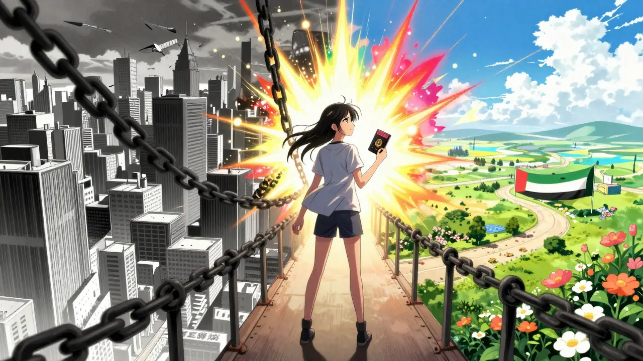 Character crossing a bridge from a dark city to a bright landscape