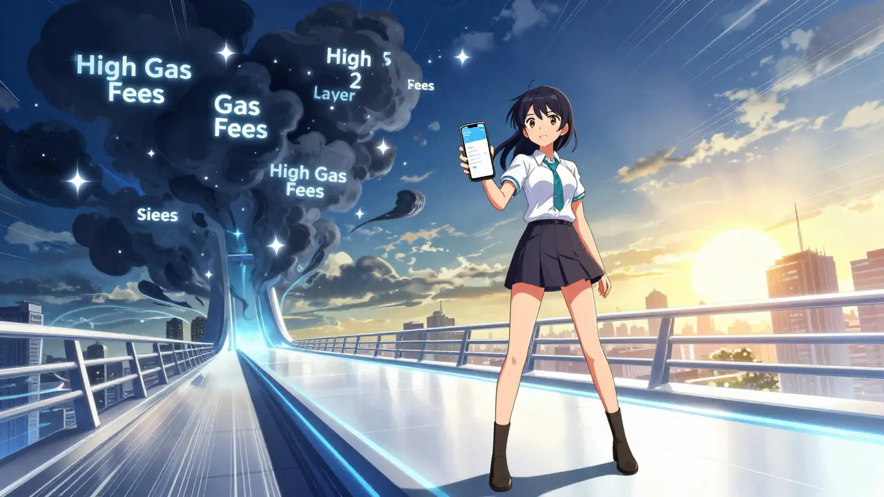 Character standing on a light bridge symbolizing low fees and future growth