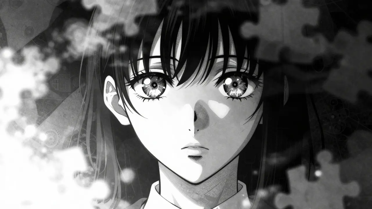 Close-up of anime character face surrounded by shadows and missing data fragments