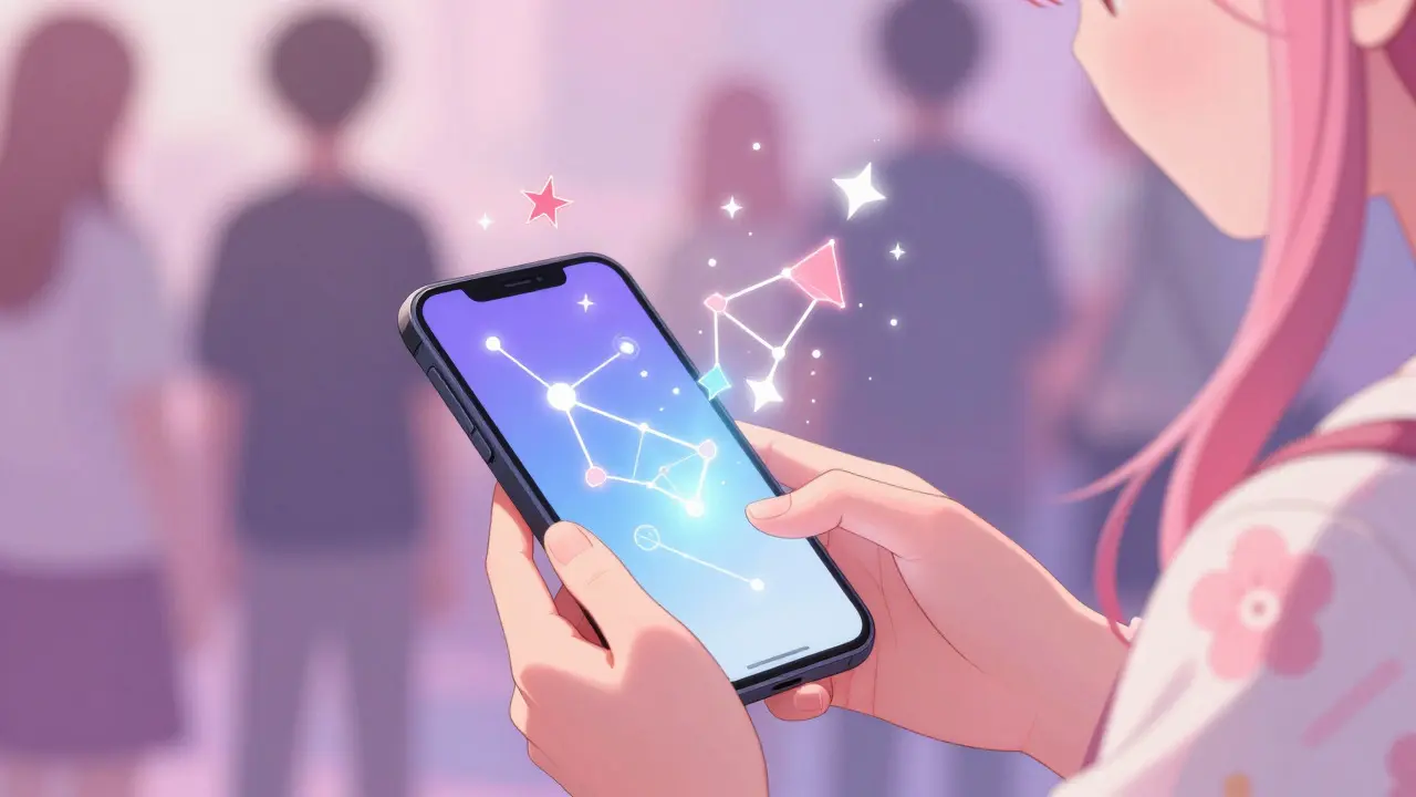 Close-up of hands holding a phone emitting magical blockchain patterns in shoujo manga style