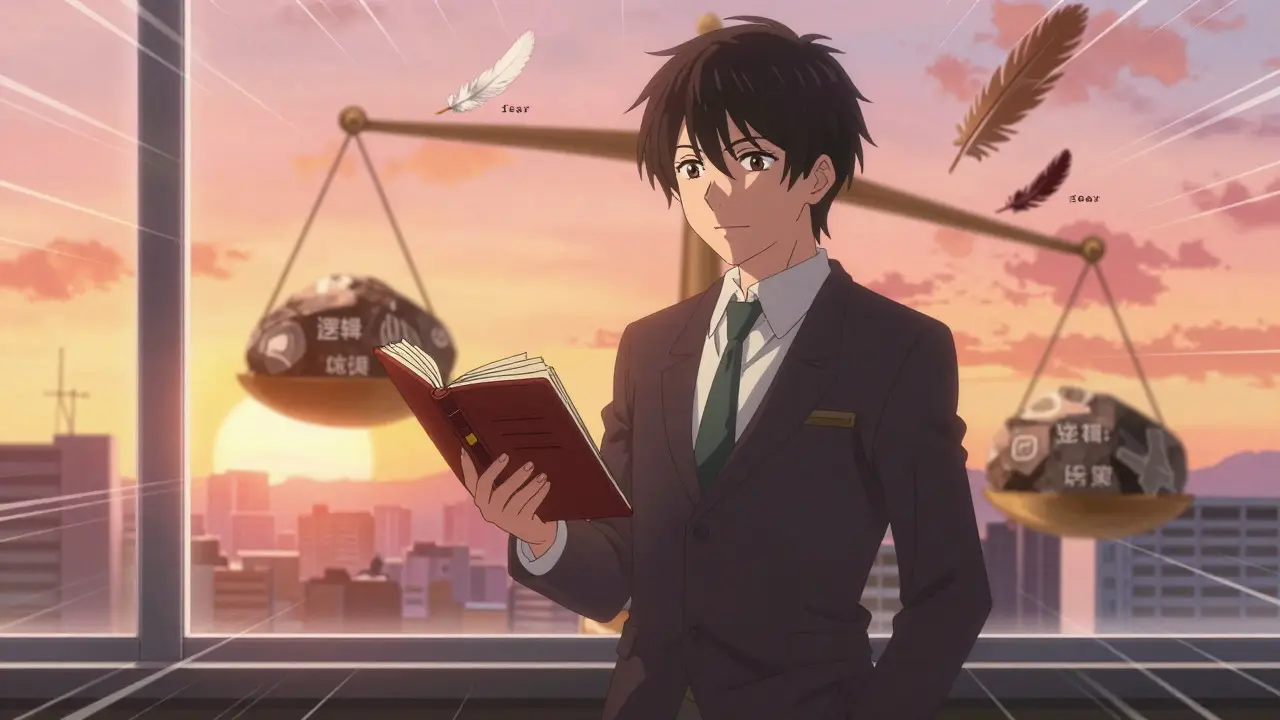 Confident trader holding a journal at sunrise with symbolic balance elements