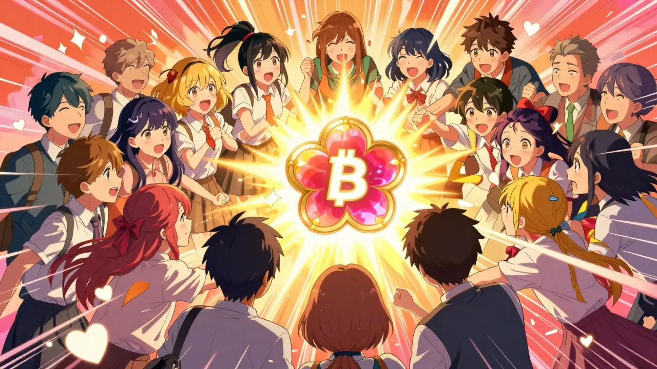 Crowd of anime characters celebrating a new crypto listing