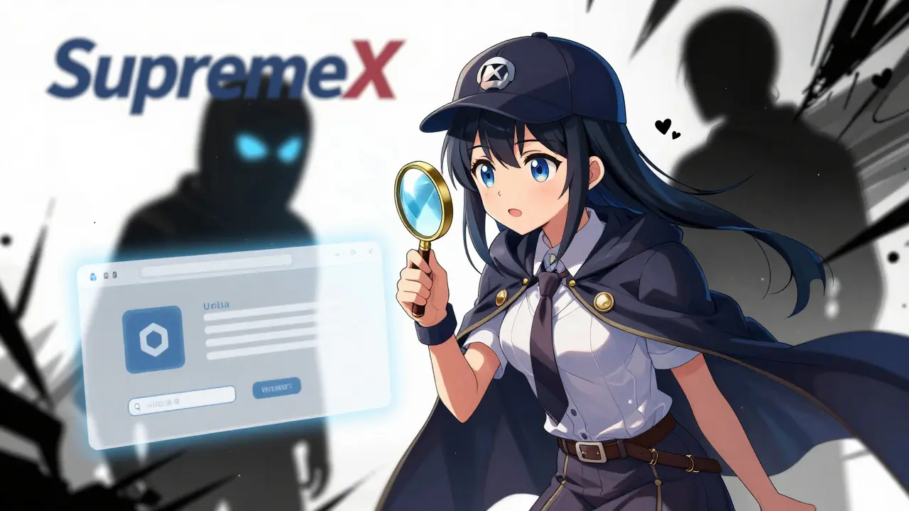 Cute anime detective inspecting a fake crypto site for scams.