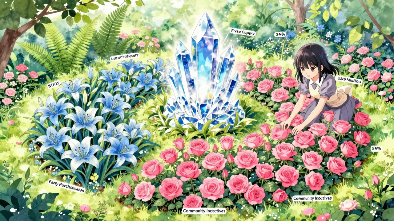 Garden metaphor for BTRST token distribution with blooming flowers and crystals